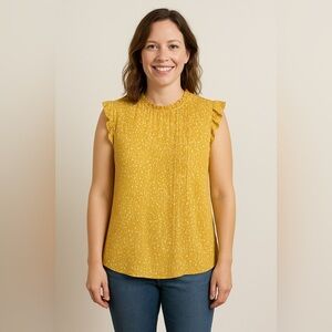 Adrianna Papell Flutter Sleeve Floral Blouse Mustard Yellow Size Medium